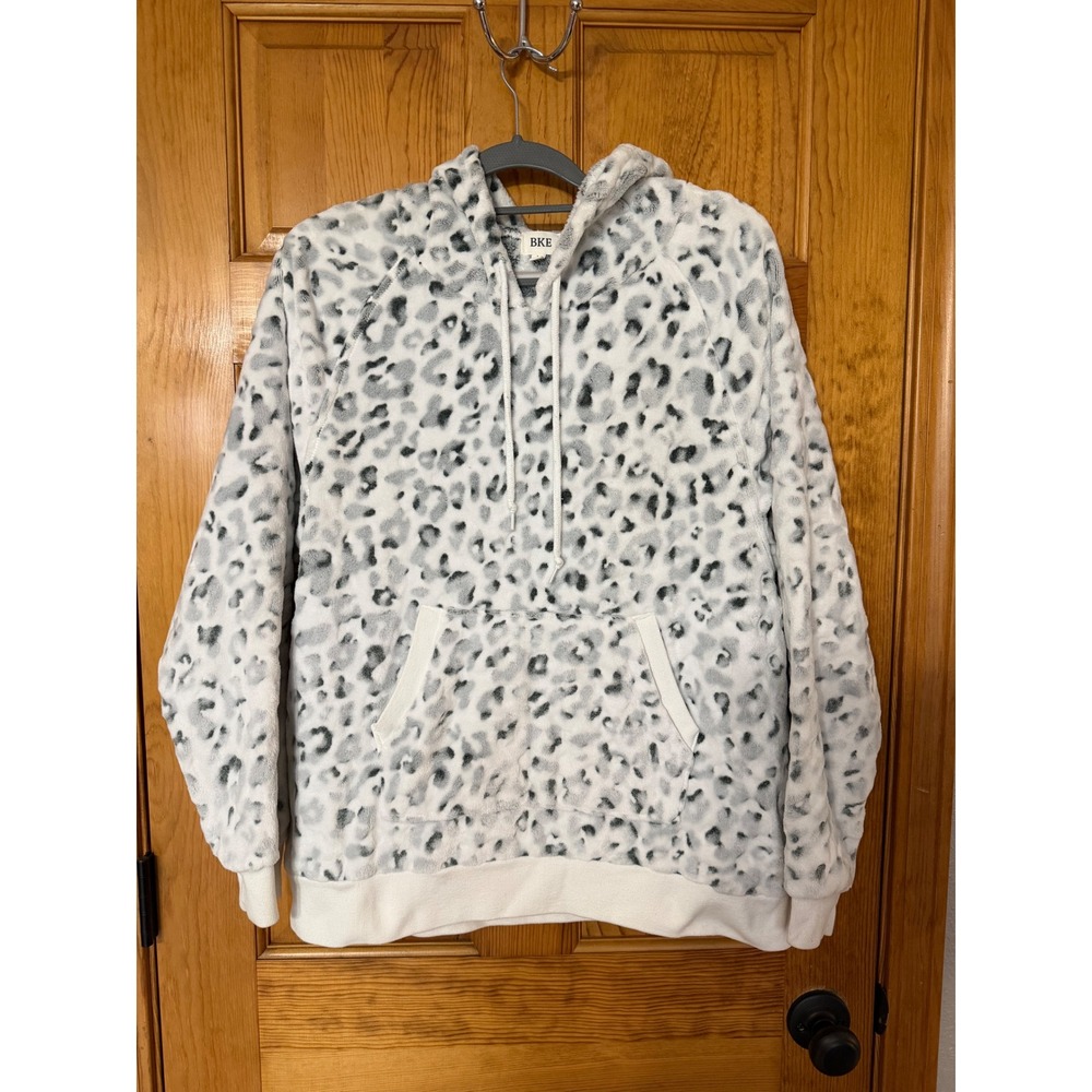 BKE Womens Leopard Print Fuzzy Fleece Hoodie Grey White Pullover Large L